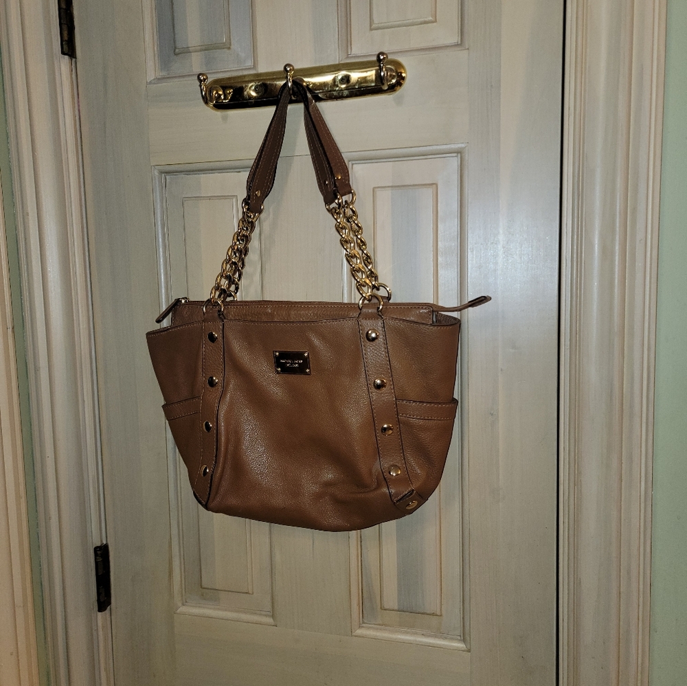 Michael Kors Double Handle Chain And Leather Purse Gold Studs Satchel - Picture 5 of 13